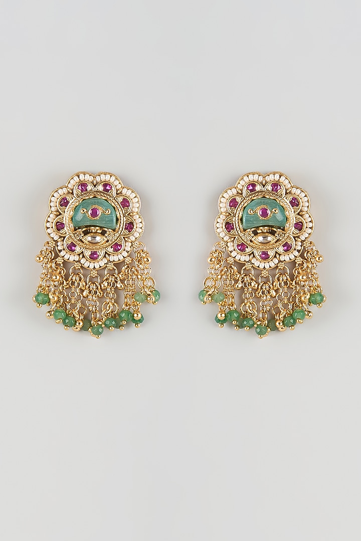 Antique Gold Finish Emerald & Ruby Stone Temple Stud Earrings by Aryah Jewels at Pernia's Pop Up Shop