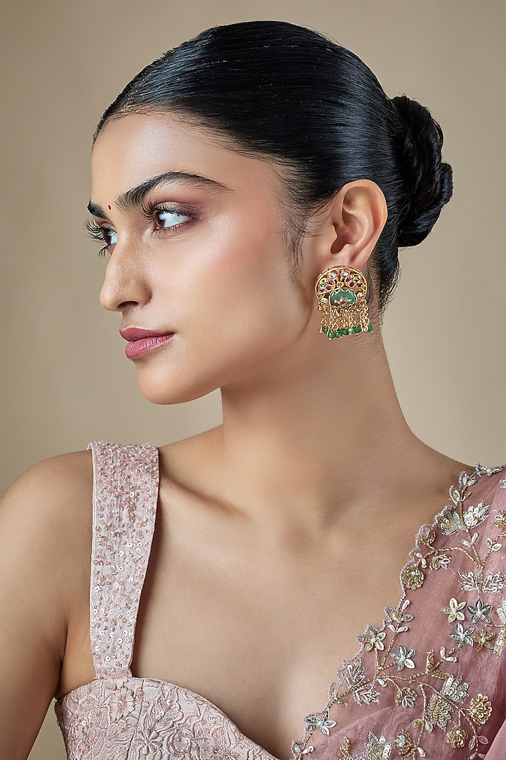 Antique Gold Finish Pearl & Ruby Stone Temple Dangler Earrings by Aryah Jewels at Pernia's Pop Up Shop