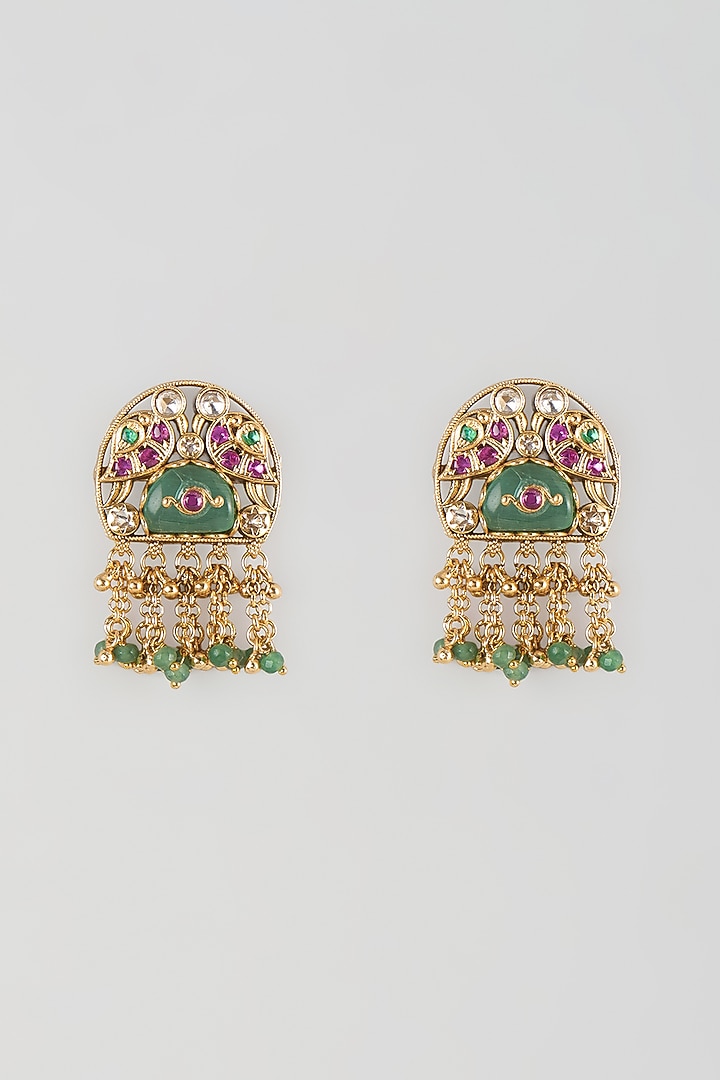 Antique Gold Finish Pearl & Ruby Stone Temple Dangler Earrings by Aryah Jewels at Pernia's Pop Up Shop