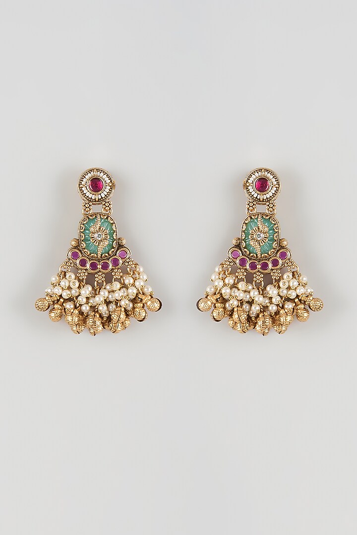 Antique Gold Finish Emerald Beaded & Ruby Stone Temple Dangler Earrings by Aryah Jewels at Pernia's Pop Up Shop