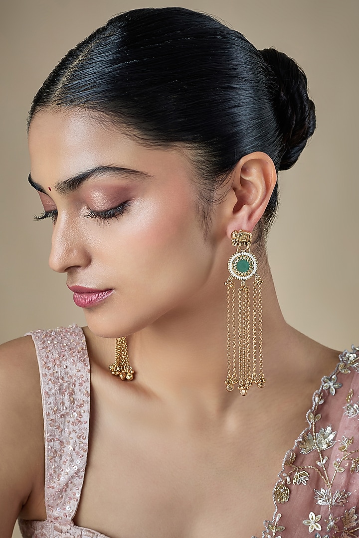 Antique Gold Finish Kundan Polki & Green Stone Dangler Earrings by Aryah Jewels at Pernia's Pop Up Shop