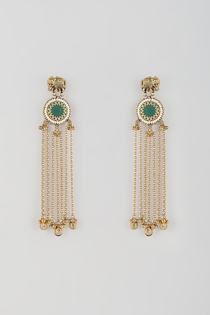 Antique Gold Finish Kundan Polki & Green Stone Dangler Earrings by Aryah Jewels at Pernia's Pop Up Shop