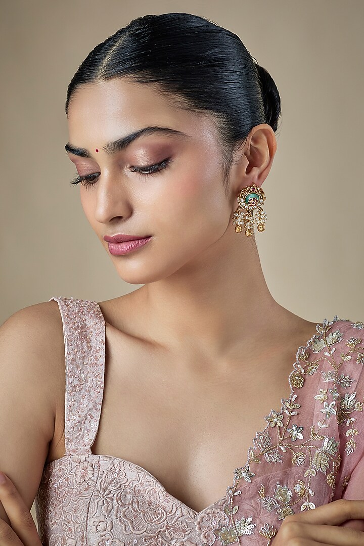 Antique Gold Finish Emerald & Ruby Stone Temple Stud Earrings by Aryah Jewels at Pernia's Pop Up Shop