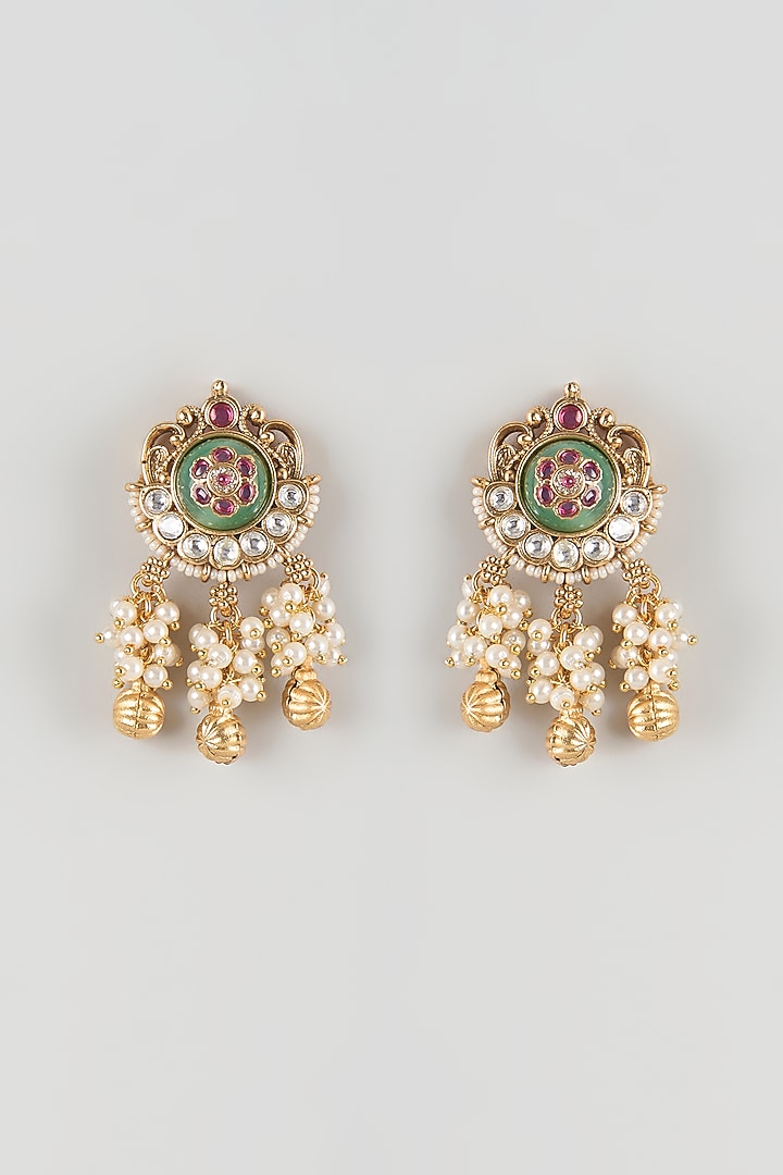 Antique Gold Finish Emerald & Ruby Stone Temple Stud Earrings by Aryah Jewels at Pernia's Pop Up Shop
