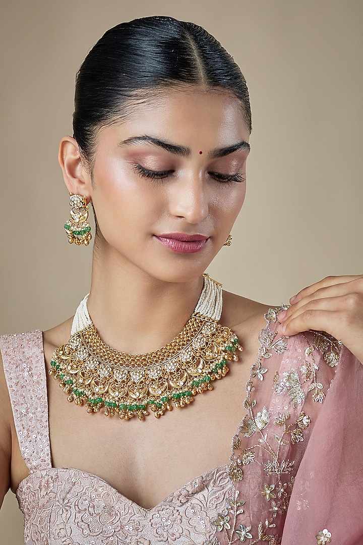 Antique Gold Finish Kundan Polki & Pearl Temple Choker Necklace Set by Aryah Jewels at Pernia's Pop Up Shop