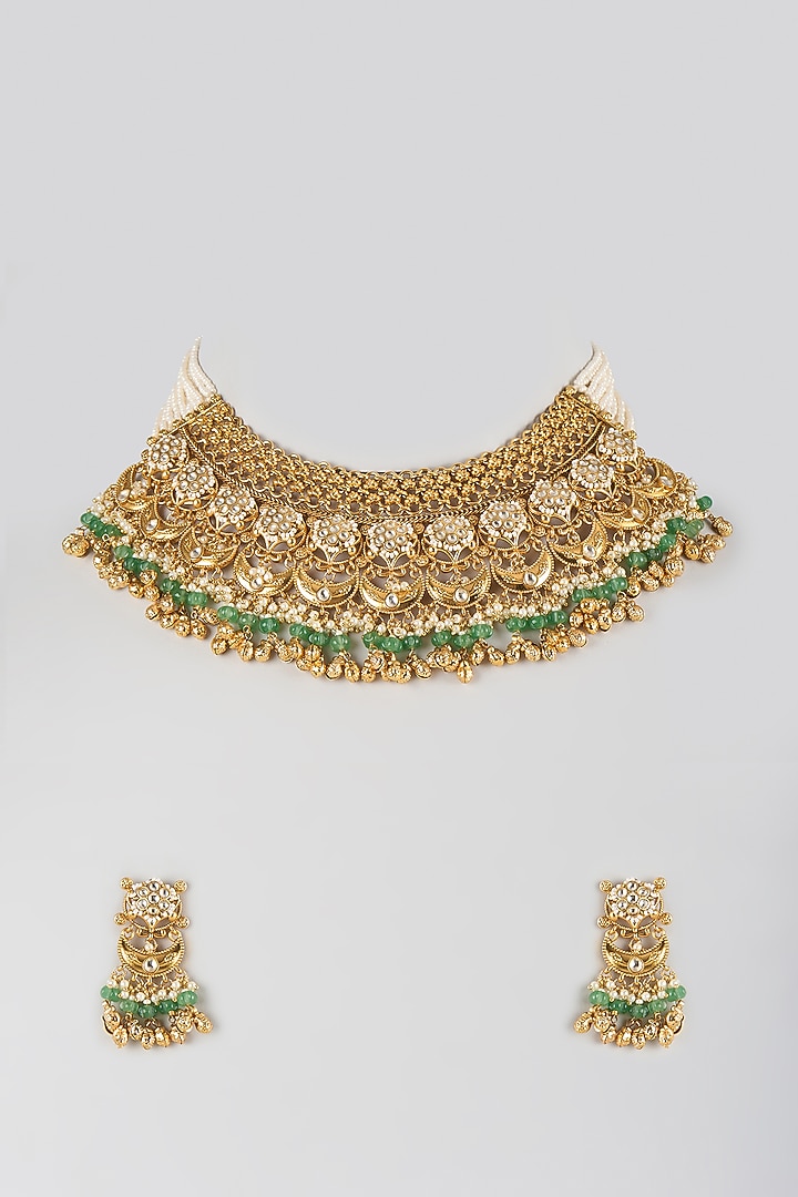 Antique Gold Finish Kundan Polki & Pearl Temple Choker Necklace Set by Aryah Jewels at Pernia's Pop Up Shop
