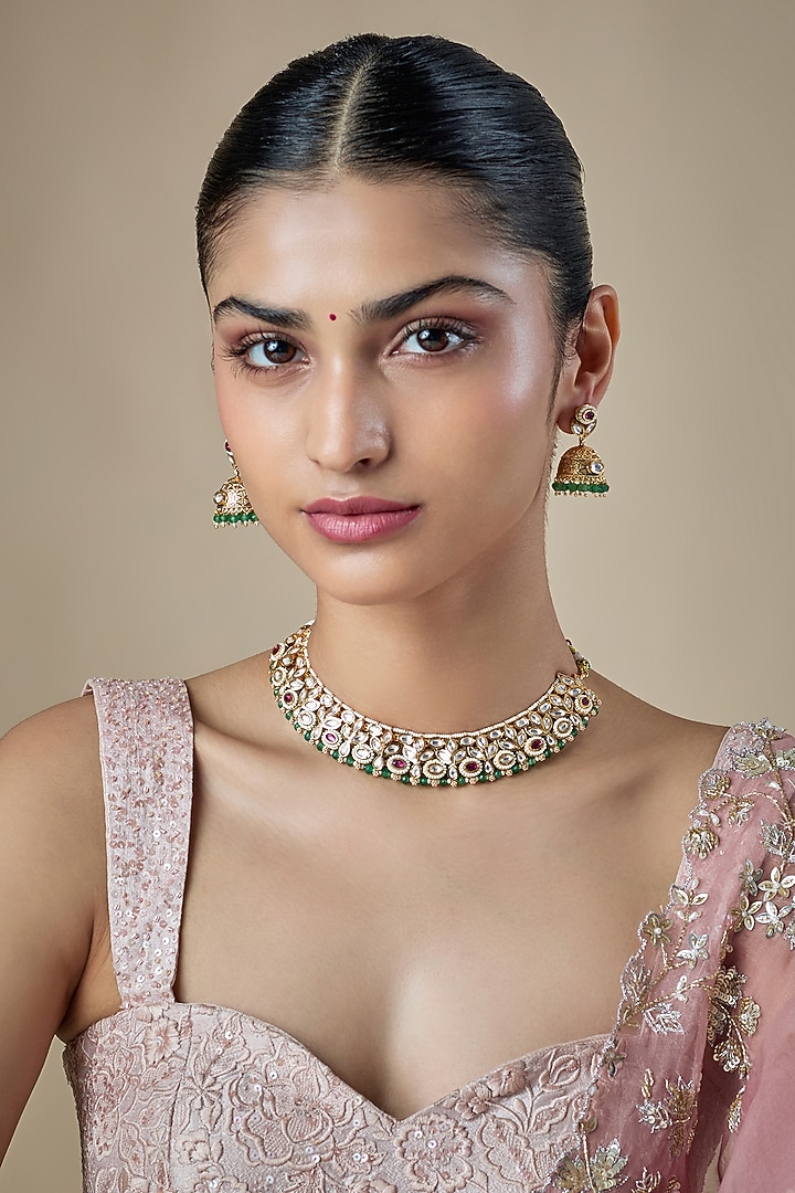 Antique Gold Finish Kundan Polki & Pearl Temple Choker Necklace Set by Aryah Jewels at Pernia's Pop Up Shop