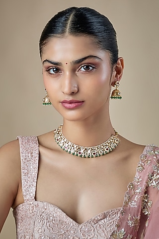 Antique Gold Finish Kundan Polki & Pearl Temple Choker Necklace Set by Aryah Jewels