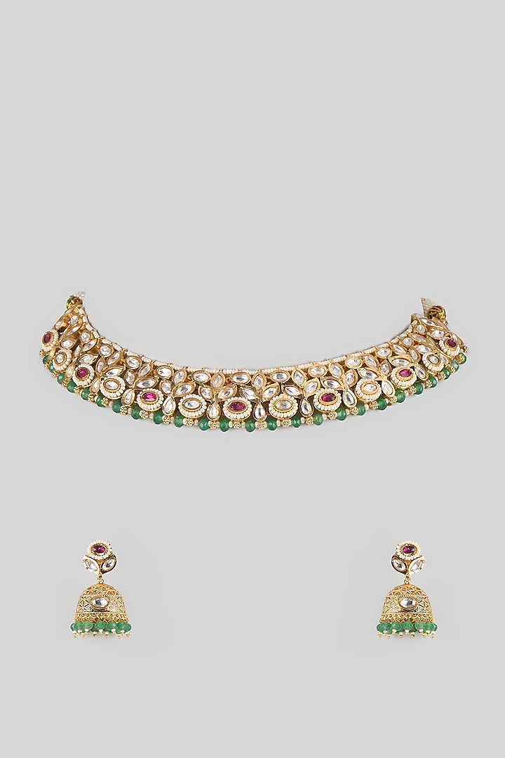 Antique Gold Finish Kundan Polki & Pearl Temple Choker Necklace Set by Aryah Jewels at Pernia's Pop Up Shop
