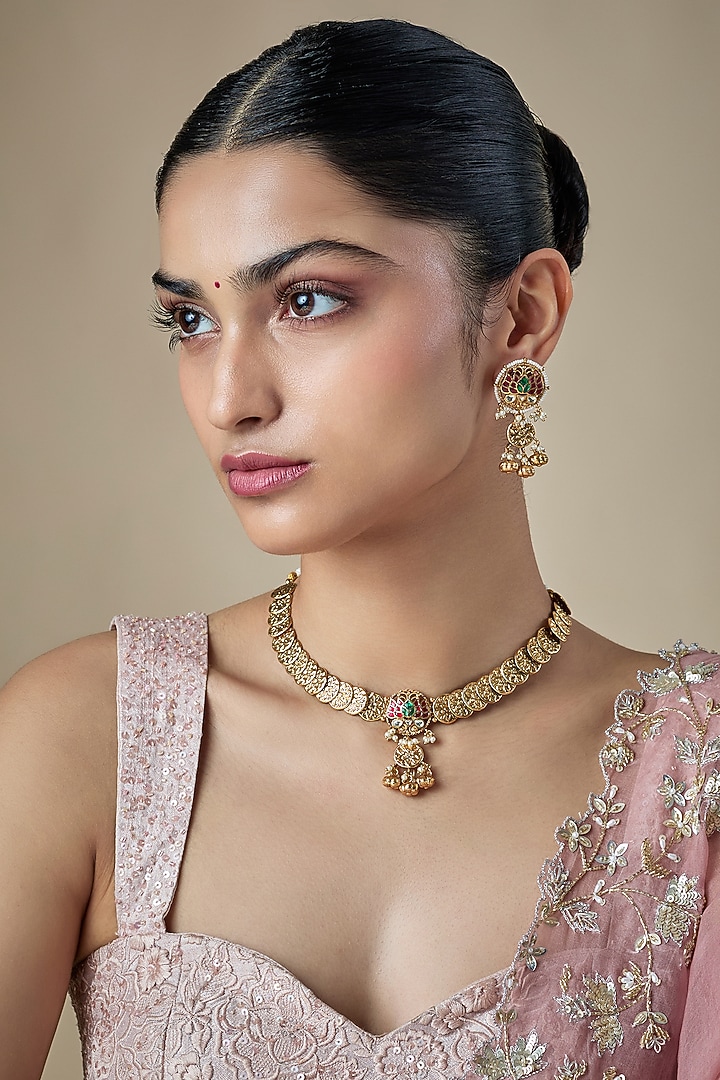 Antique Gold Finish Kundan Polki & Ruby Stone Temple Choker Necklace Set by Aryah Jewels at Pernia's Pop Up Shop