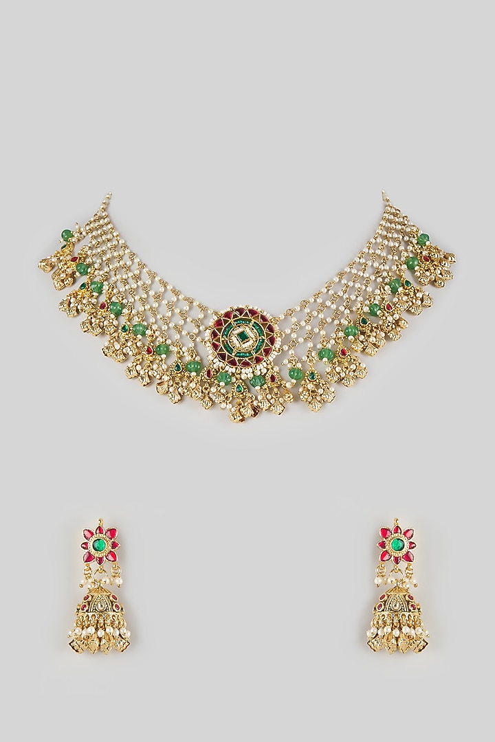Gold Finish Kundan Polki & Ruby Stone Layered Necklace Set by Aryah Jewels at Pernia's Pop Up Shop