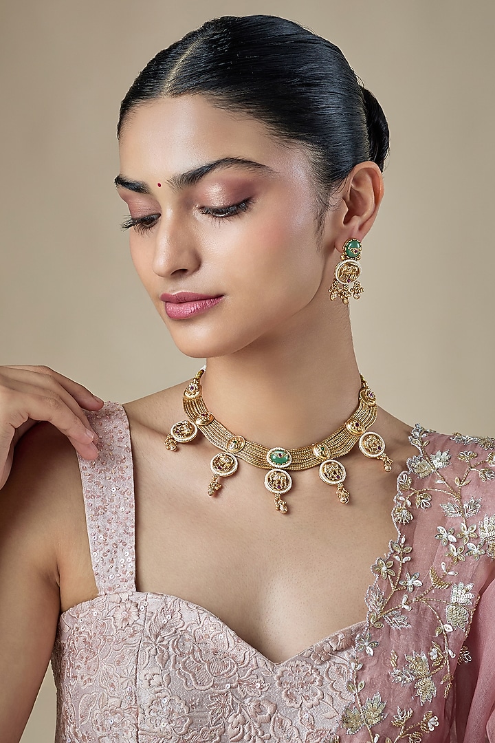Antique Gold Finish Pachi Kundan Polki & Uncut Zircon Temple Choker Necklace Set by Aryah Jewels at Pernia's Pop Up Shop