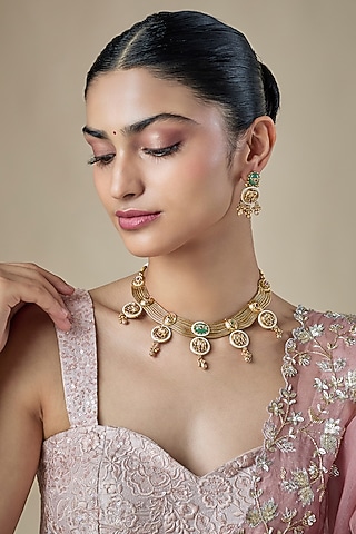 Antique Gold Finish Pachi Kundan Polki & Uncut Zircon Temple Choker Necklace Set by Aryah Jewels