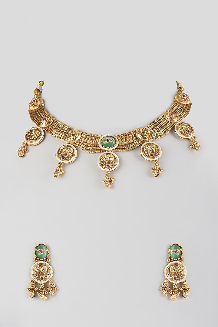 Antique Gold Finish Pachi Kundan Polki & Uncut Zircon Temple Choker Necklace Set by Aryah Jewels at Pernia's Pop Up Shop