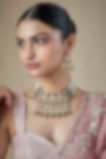 Gold Finish Pachi Kundan Polki & Green Stone Necklace Set by Aryah Jewels at Pernia's Pop Up Shop