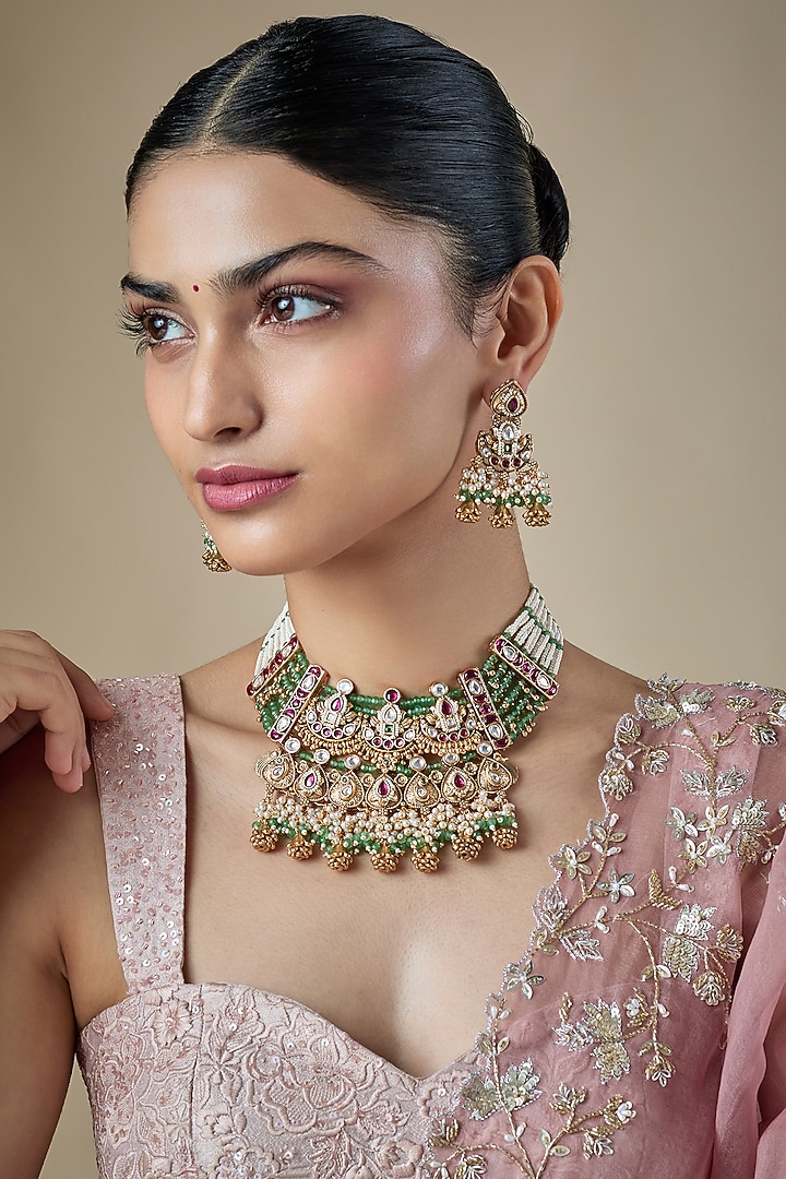 Gold Finish Pachi Kundan Polki & Green Stone Necklace Set by Aryah Jewels at Pernia's Pop Up Shop