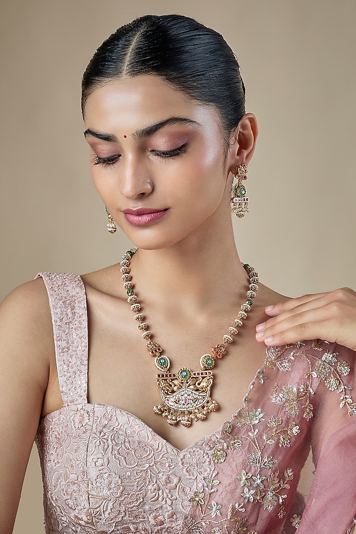 Gold Finish uncut zircon & Green Stone Pendant Necklace Set by Aryah Jewels at Pernia's Pop Up Shop