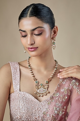 Gold Finish uncut zircon & Green Stone Pendant Necklace Set by Aryah Jewels