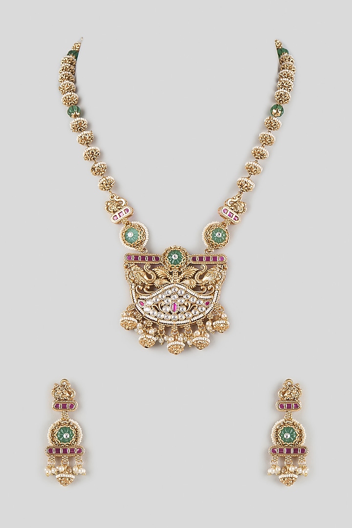 Gold Finish uncut zircon & Green Stone Pendant Necklace Set by Aryah Jewels at Pernia's Pop Up Shop