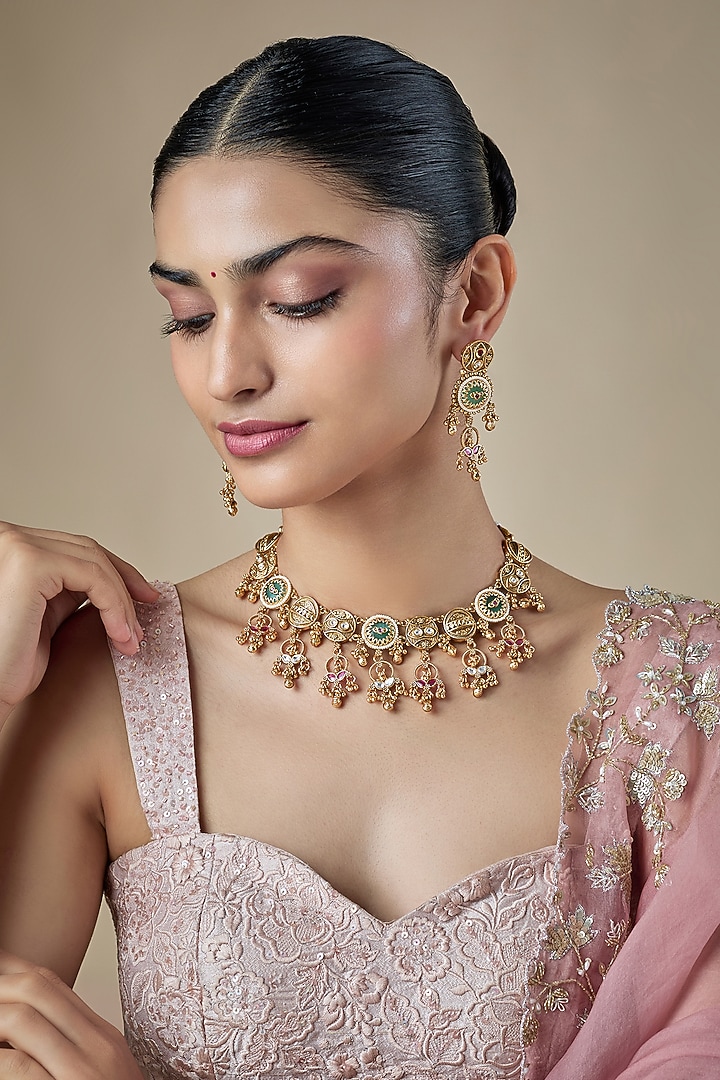 Antique Gold Finish Pachi Kundan Polki & Ruby Stone Temple Choker Necklace Set by Aryah Jewels at Pernia's Pop Up Shop