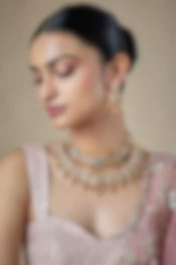 Antique Gold Finish Kundan Polki & Synthetic Green Stone Temple Choker Necklace Set by Aryah Jewels at Pernia's Pop Up Shop
