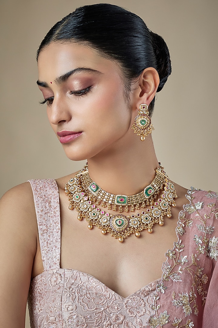 Antique Gold Finish Kundan Polki & Synthetic Green Stone Temple Choker Necklace Set by Aryah Jewels at Pernia's Pop Up Shop