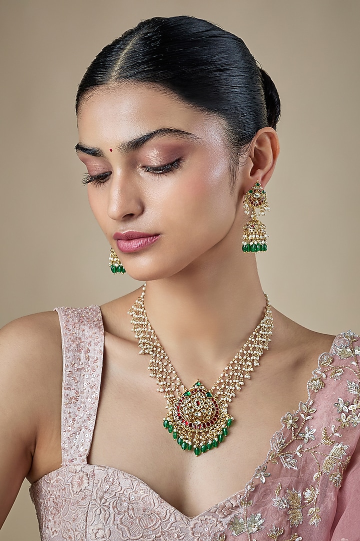 Gold Finish Kundan Polki & Ruby Stone Handcrafted Layered Necklace Set by Aryah Jewels at Pernia's Pop Up Shop