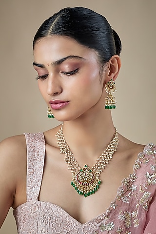 Gold Finish Kundan Polki & Ruby Stone Handcrafted Layered Necklace Set by Aryah Jewels