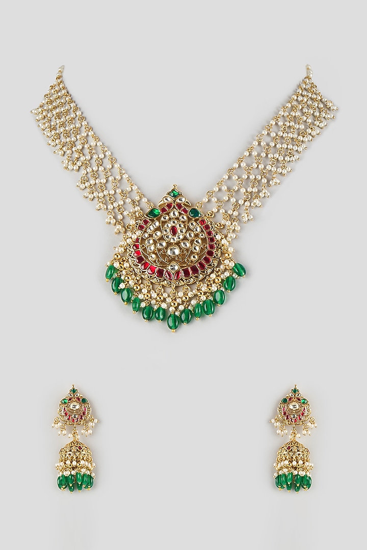 Gold Finish Kundan Polki & Ruby Stone Handcrafted Layered Necklace Set by Aryah Jewels at Pernia's Pop Up Shop