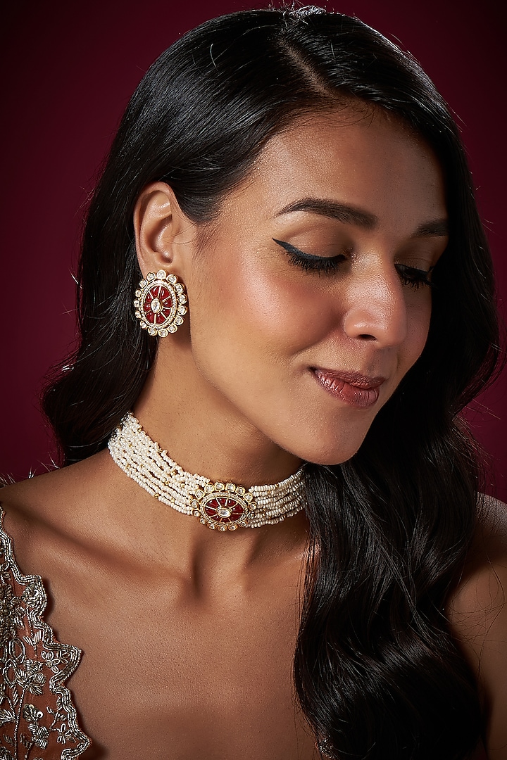 Micro Gold Finish Maroon Stone & Pearl Choker Necklace Set by Aryah Jewels at Pernia's Pop Up Shop