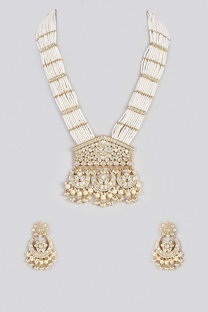 Micro Gold Finish Kundan Polki & Pearl Long Necklace Set by Aryah Jewels