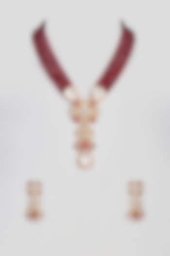 Micro Gold Finish Kundan Polki & Ruby Long Mala Necklace Set by Aryah Jewels at Pernia's Pop Up Shop