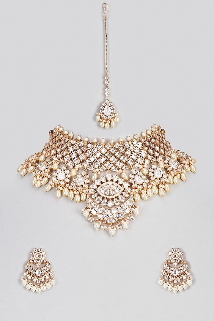 Micro Gold Finish Uncut Polki & Pearl Choker Necklace Set by Aryah Jewels