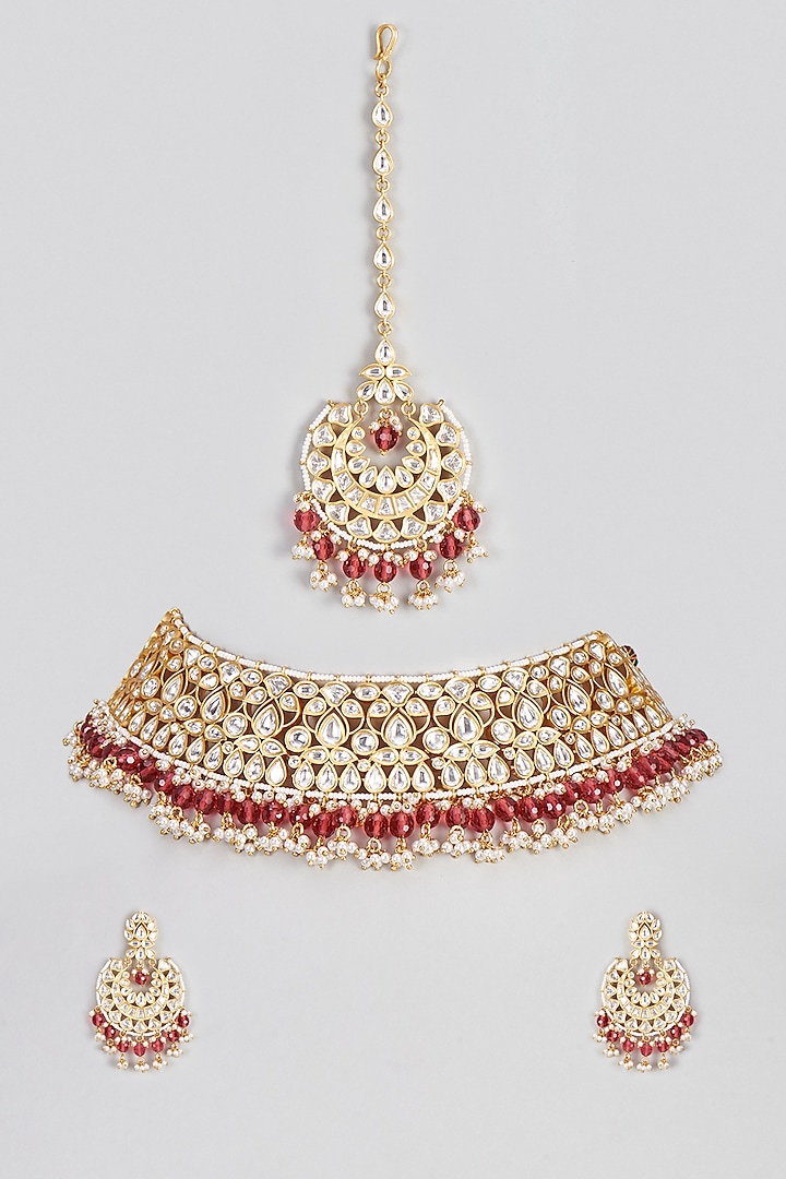 Micro Gold Finish Uncut Polki & Red Beaded Choker Necklace Set by Aryah Jewels
