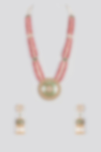 Micro Gold Finish Ruby Stone & Beaded Long Mala Necklace Set by Aryah Jewels at Pernia's Pop Up Shop