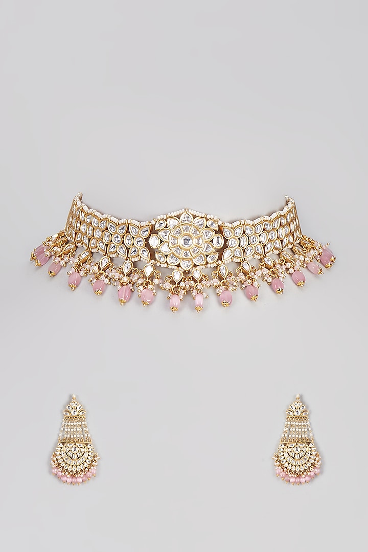 Micro Gold Finish Kundan Polki Long & Short Layered Necklace Set by Aryah Jewels