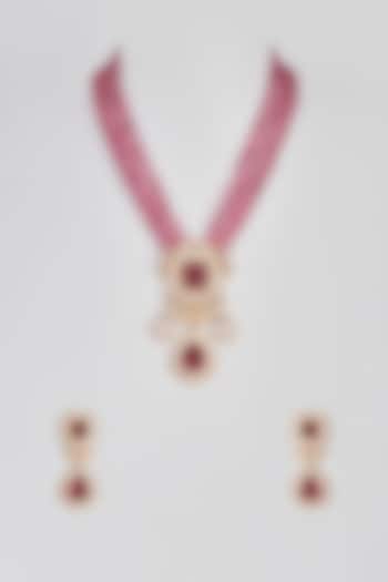 Micro Gold Finish Ruby Long Mala Necklace Set by Aryah Jewels at Pernia's Pop Up Shop