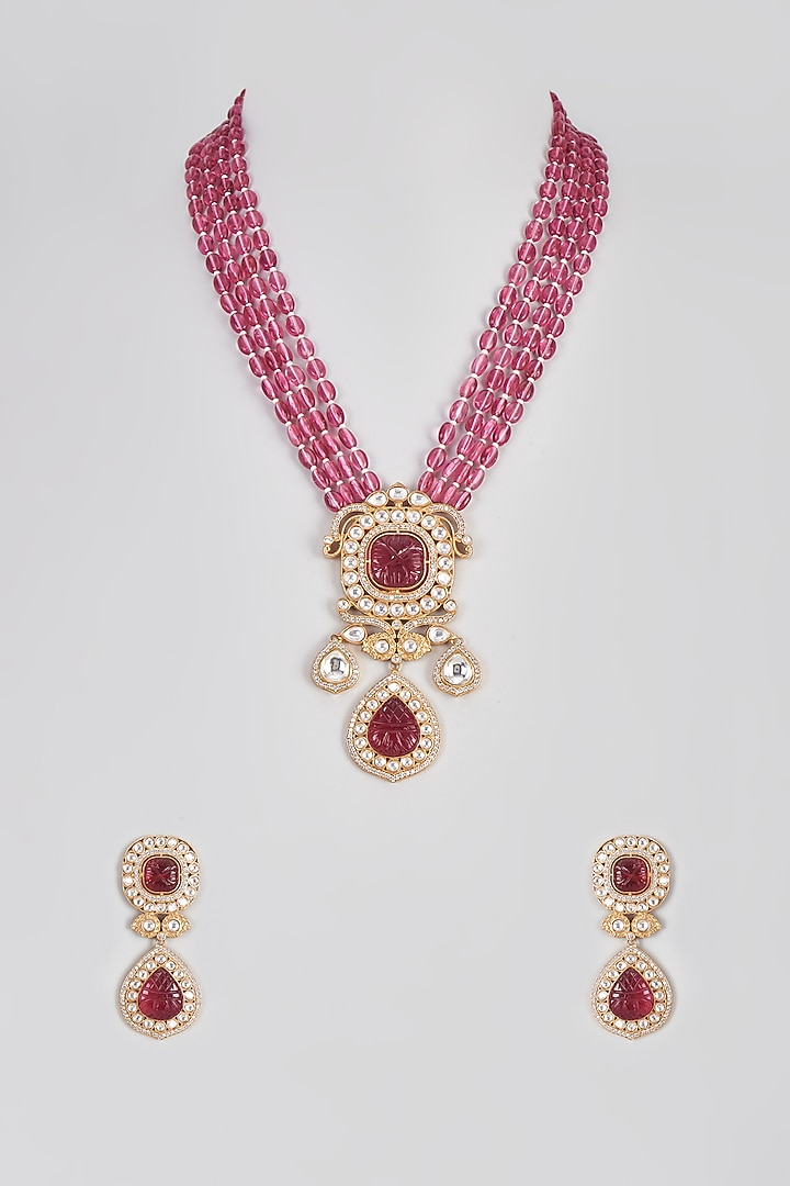 Micro Gold Finish Ruby Long Mala Necklace Set by Aryah Jewels at Pernia's Pop Up Shop