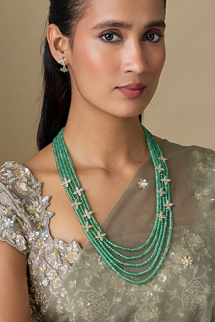 Gold Finish Semi Precious Beaded Handcrafted Layered Necklace Set by Aryah Jewels at Pernia's Pop Up Shop
