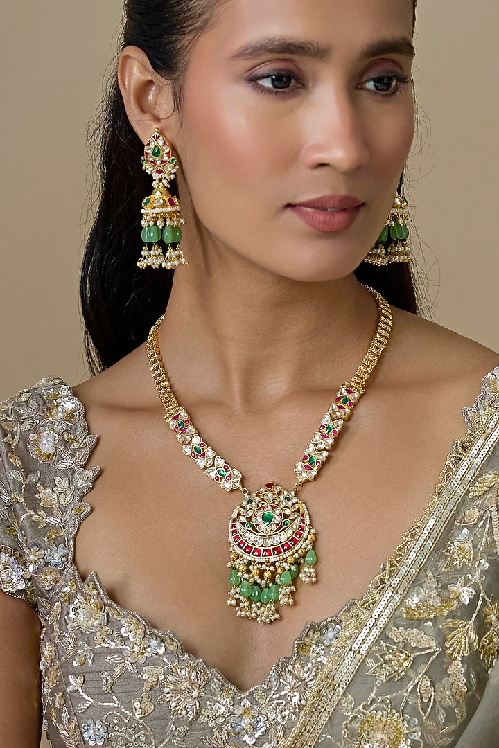 Gold Finish Kundan Polki & Ruby Stone Pendant Necklace Set by Aryah Jewels at Pernia's Pop Up Shop