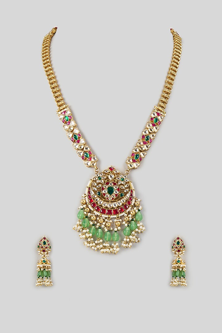 Gold Finish Kundan Polki & Ruby Stone Pendant Necklace Set by Aryah Jewels at Pernia's Pop Up Shop