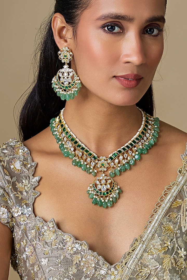 Gold Finish Kundan Polki & Emerald Stone Handcrafted Necklace Set by Aryah Jewels at Pernia's Pop Up Shop