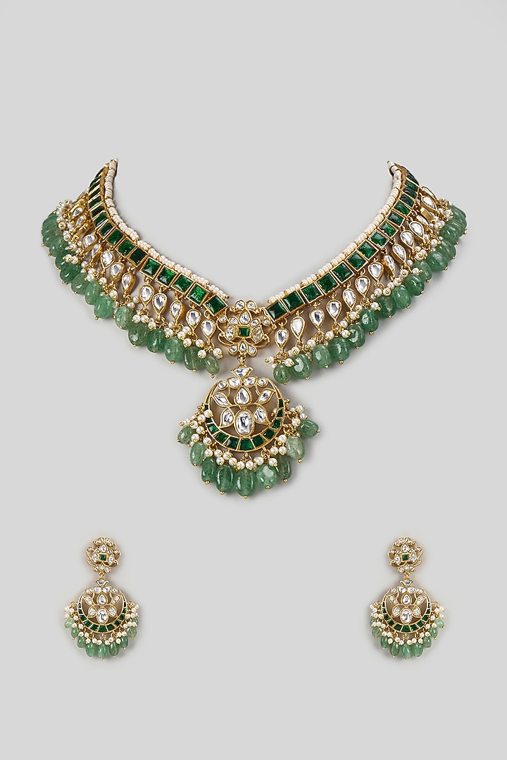 Gold Finish Kundan Polki & Emerald Stone Handcrafted Necklace Set by Aryah Jewels at Pernia's Pop Up Shop