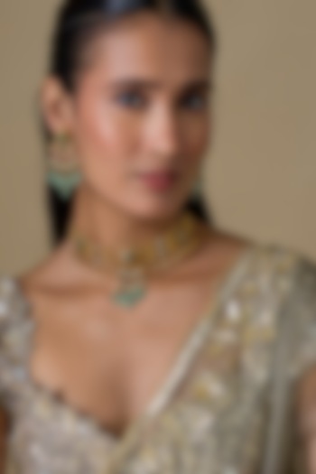 Gold Finish Kundan Polki & Emerald Stone Handcrafted Choker Necklace Set by Aryah Jewels at Pernia's Pop Up Shop