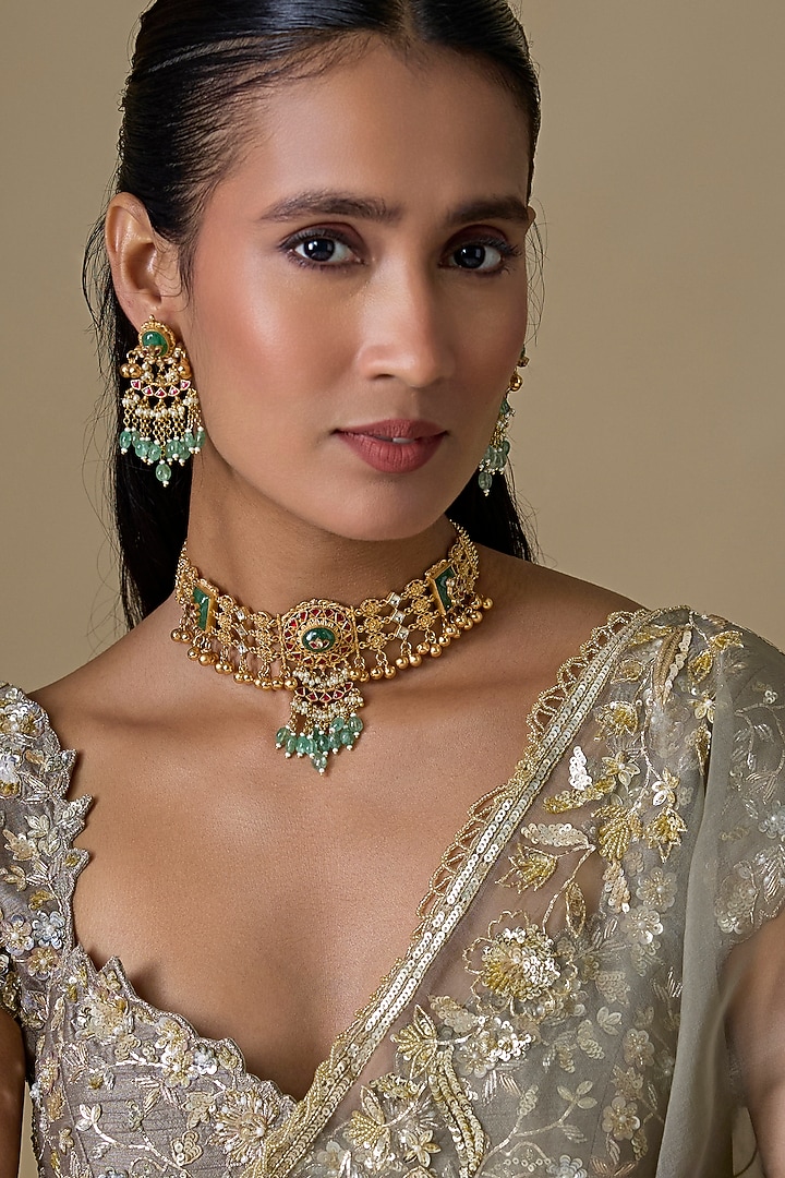 Gold Finish Kundan Polki & Emerald Stone Handcrafted Choker Necklace Set by Aryah Jewels at Pernia's Pop Up Shop