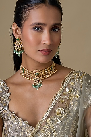 Gold Finish Kundan Polki & Emerald Stone Handcrafted Choker Necklace Set by Aryah Jewels