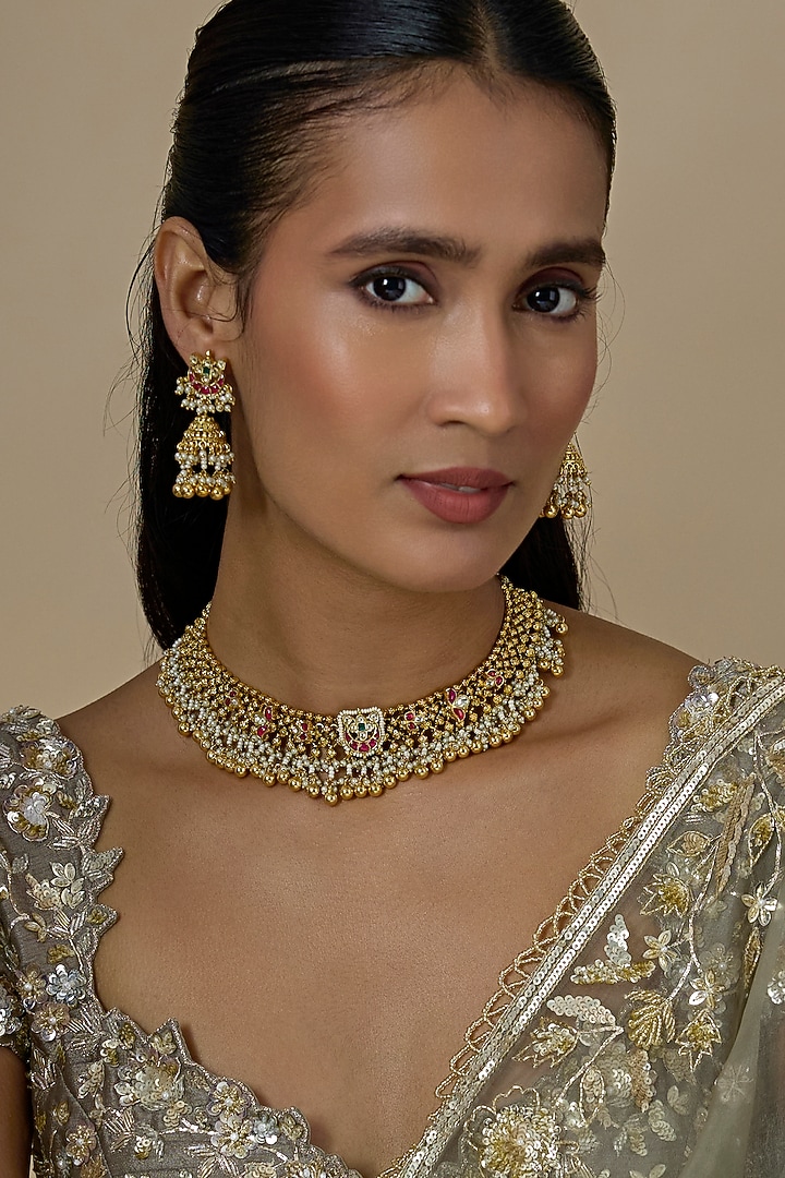 Gold Finish Kundan Polki & Ruby Stone Handcrafted Choker Necklace Set by Aryah Jewels at Pernia's Pop Up Shop