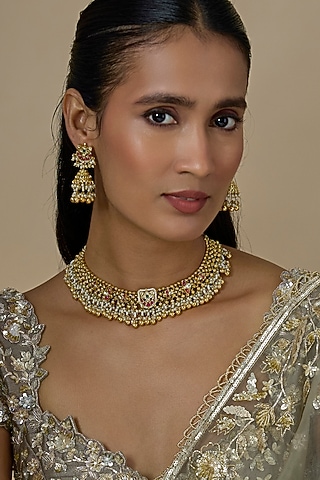 Gold Finish Kundan Polki & Ruby Stone Handcrafted Choker Necklace Set by Aryah Jewels