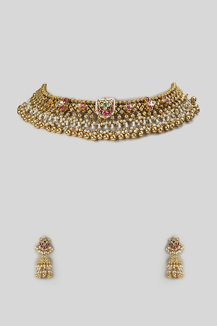 Gold Finish Kundan Polki & Ruby Stone Handcrafted Choker Necklace Set by Aryah Jewels at Pernia's Pop Up Shop