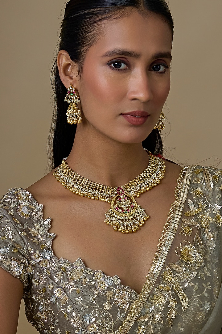 Gold Finish Kundan Polki & Ruby Stone Handcrafted Choker Necklace Set by Aryah Jewels at Pernia's Pop Up Shop